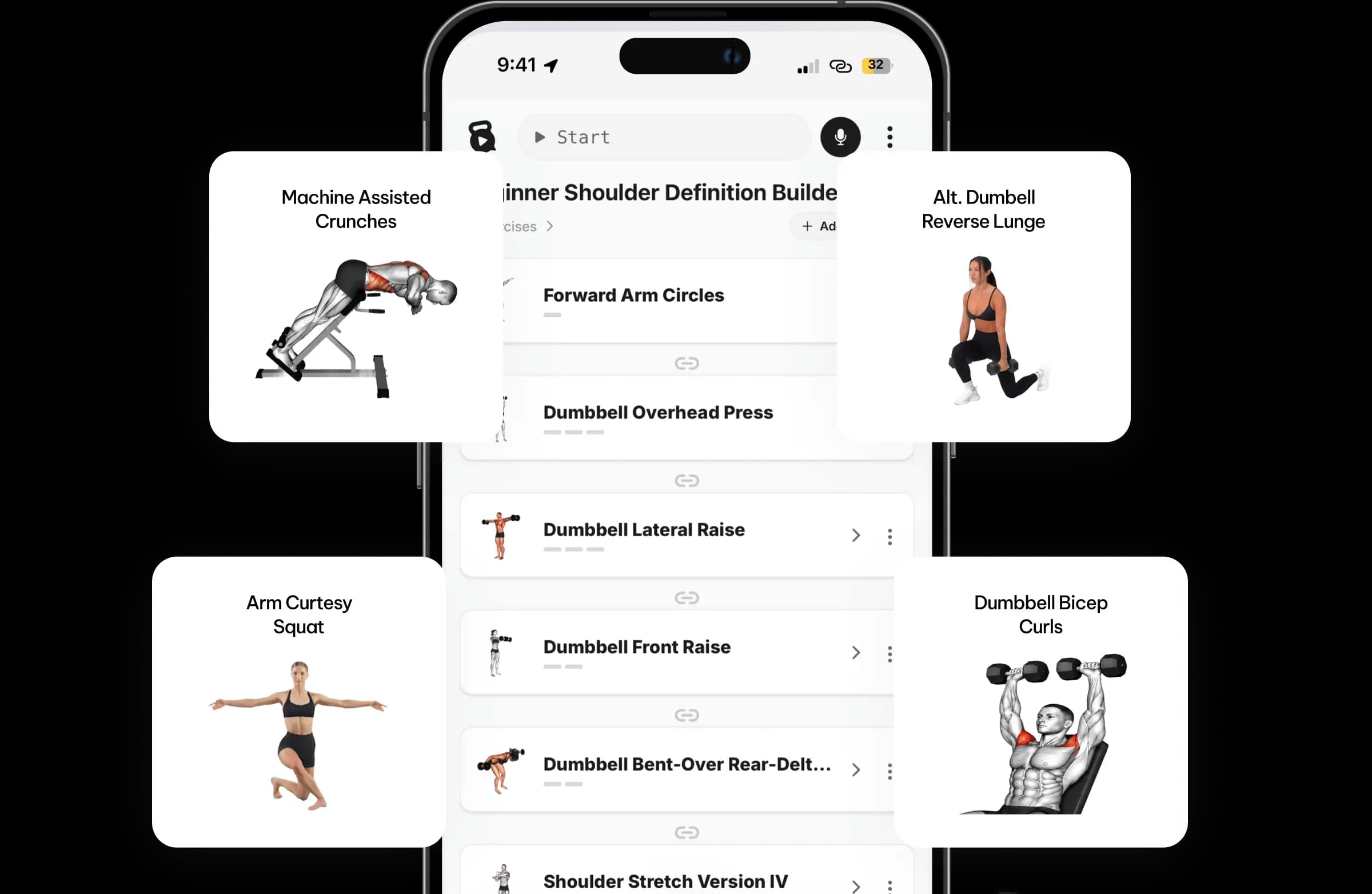 Exercise library phone screen surrounded by exercise cards