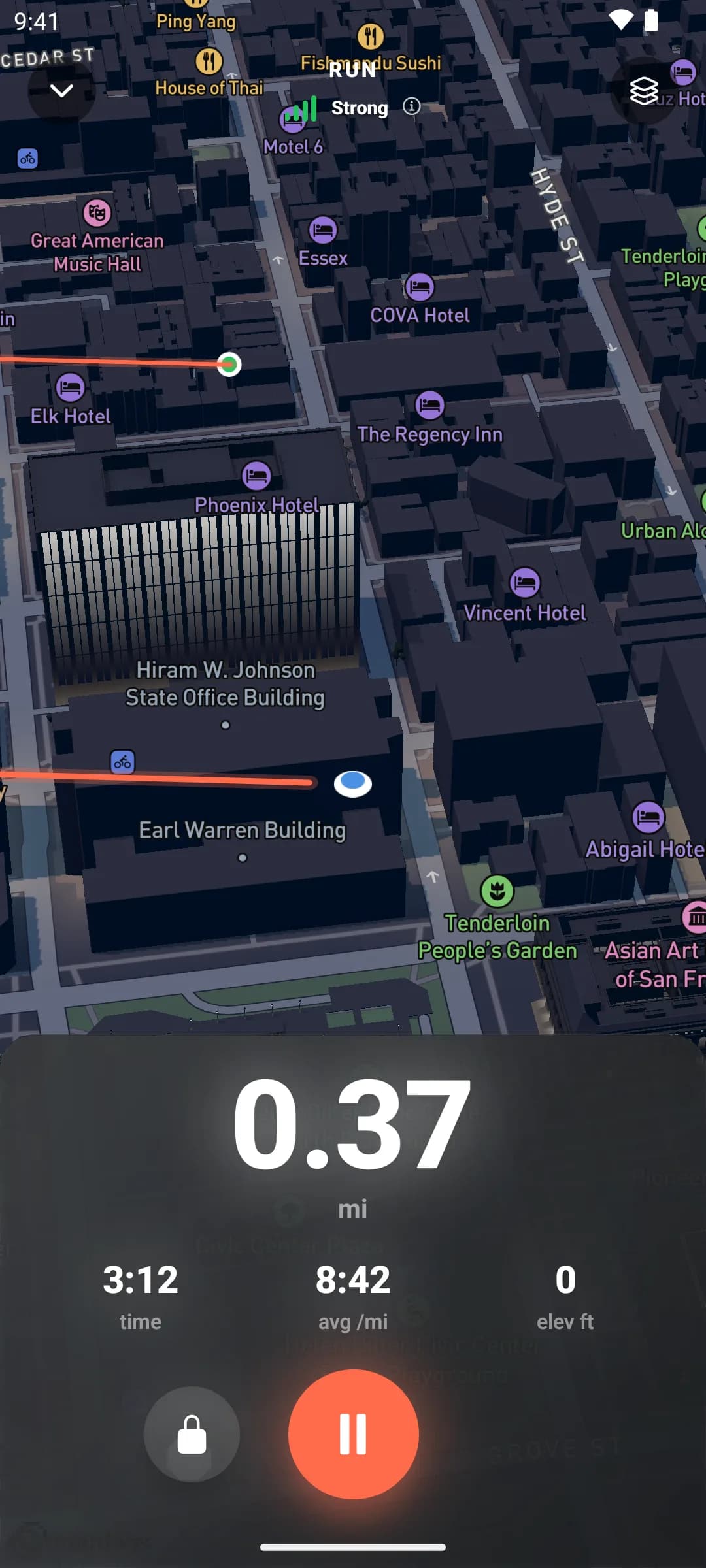 Live run recording on a 3D night map: coral route line, distance, time, average pace, and elevation