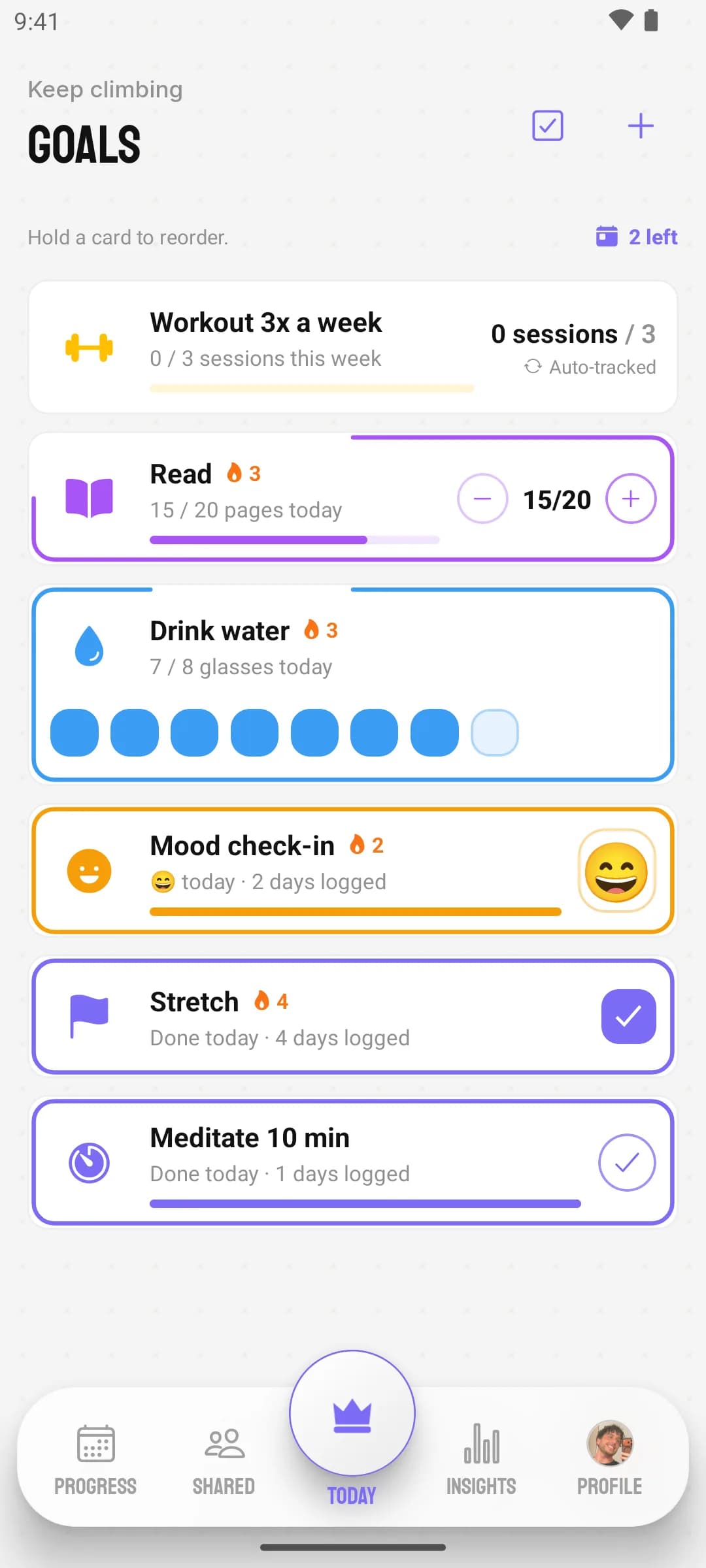 Goals workspace Today screen: goal cards for workouts, reading, water, mood, stretching, and meditation with streak flames, progress pips, and completed purple borders
