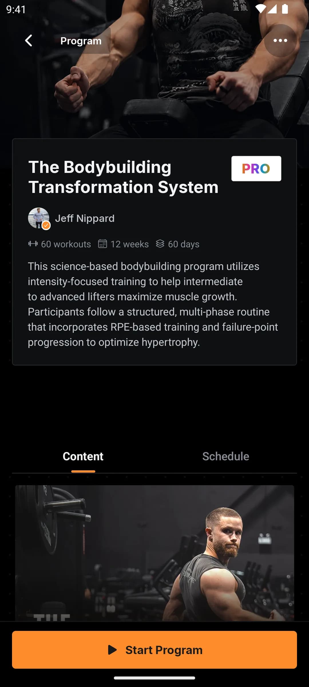 The Bodybuilding Transformation System program page in JustGains: PRO badge, Jeff Nippard verified, 60 workouts across 12 weeks, and a Start Program button