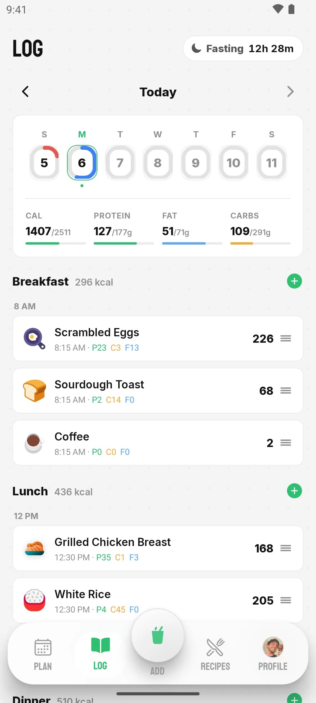 Nutrition workspace Log tab: a week of calorie pills, compact calorie and macro bars, and the day’s foods grouped into breakfast, lunch, and dinner with timestamps